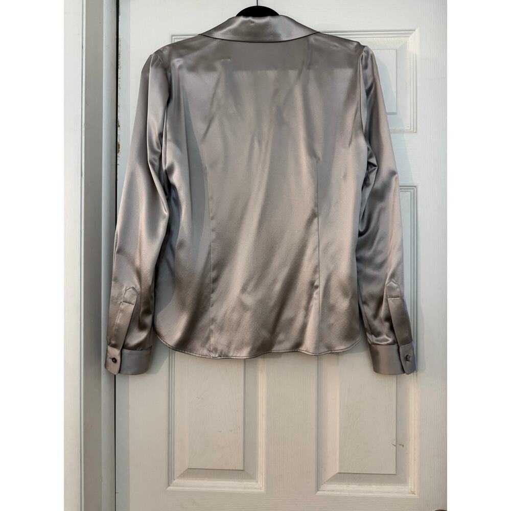 Lafayette 148 New York Silk Satin Ruffle Front Blouse Silver Metallic size 6 - Picture 3 of 9